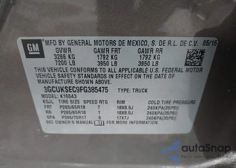 2015 Chevrolet Silverado 1500 1Lz z USA, uszkodzony, nr VIN 3GCUKSEC9FG385475